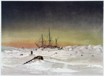 Navio no gelo - em "The shores of the polar sea, an Arctic expedition narration", pelo Dr. Edward Moos, Marcus Nard & Co, Londres