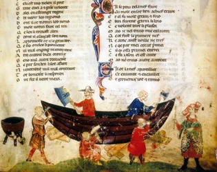 Construção e calafetagem de navios no século XIII. Miniatura do «Roman de Troie» de Benoît de Sainte-Maure. Século XIV, Biblioteca Marciana, Veneza