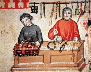 Loja de artesanato. Manuscrito do século XIV. Biblioteca Nazionale di Firenze