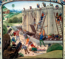 Sítio de Brest (1386 d.C.). Miniatura em "Crónicas" de Jean Froissart (Fólio 116v)