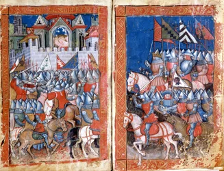 Sítio de Pamplona em Espanha por Carlos Magno Miniatura de "Entree of Spain". Veneza do século XIV, Biblioteca Marciana.
