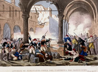 Cerco de Saragoça (Zaragoza) e Convento dos Capuchinhos em 1808. Gravura a cores da época. Milão