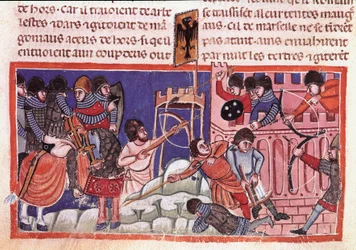 Sítio de uma cidade fortificada. Miniatura de um códice sobre os fatos de Jules Cesar (101 a.C.-44 a.C.) Veneza do século XIV, Biblioteca marciana