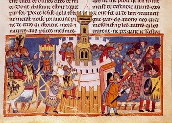 Cerco de uma cidade fortificada Miniatura tirada de "Os Fatos dos Romanos", relatando a vida dos doze Césares. Veneza do século XIII, biblioteca Marciana