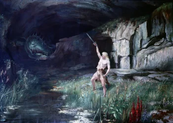 Siegfried, de frente para o dragão Fafner, acenou com a sua espada. Palco da Ópera "Anel dos Nibelungos" de Richard Wagner (1813 - 1883). Pintura.