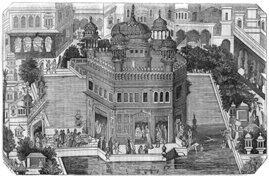 Sikhism: vista do Templo Dourado (Harmandir Sahib), o centro cultural da religião sikh, a bacia e a cidade de Amritsar no estado de Panjab indiano (Reino de Lahore). Em "A pitoresca loja" 1836