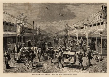 Lojas de seda em Mitsoui, Yedo (ou Edo, actual Tóquio), animadas, e ao fundo, a silhueta do Monte Fuji. Gravura para ilustrar a viagem ao Japão, em 1863-1864, de Aime Humbert, ministro da Confederação Suíça, em "Le tour du monde, nou