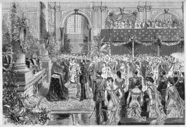 Bodas de prata do Rei e Rainha da Suécia e Noruega, Oscar II (1829-1907) e Sophie de Nassau (1836-1913), 6 de junho de 1882. Gravura em "O Mundo Ilustrado" n¡1316 de 17 de Junho de 1882.
