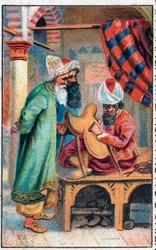 Sindbad faz uma sela. As maravilhosas aventuras de Sinbad (Sindbad), o marinheiro. Conto popular de 1001 noites (mil e uma noites). A cromolitografia do final do século XIX.