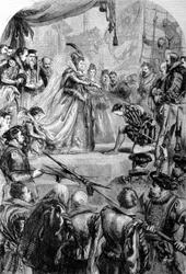 Sir Francis Drake (1540-1596), navegador inglês, foi nomeado cavaleiro pela Rainha Isabel I em 1581. Gravura.