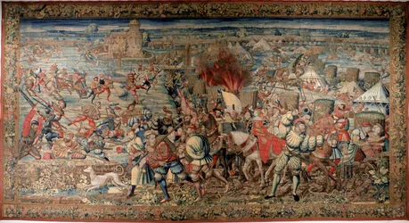 Sexta Guerra Italiana (1521-1526): representação da Batalha de Pavia em 24/02/1525, na qual Francisco I foi derrotado por Carlos V. Tapeçaria. Nápoles, Museo Nazionale di Capodimonte.