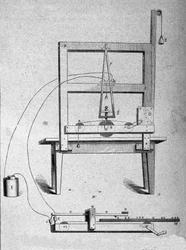 Esboço do primeiro telégrafo do inventor americano Samuel Finley Breese Morse (1791- 1872). Gravura do século XIX