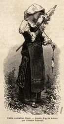 Pequeno contadino (camponês) dos arredores de Roma, fiando a lã com o seu fuso. Gravura para ilustrar a viagem a Roma, de Francis Wey, em 1864-1870, publicada em "Le tour du monde" 1870-1871, editada por Edouard Charton, edição Hachette, Pari