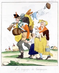 Soldado inglês das campanhas contra Napoleão embaraçado por sua esposa e filhos - no "Musée de la caricature" de E. Jaime, ed. Delloye, Paris