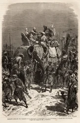 Reunião solene e à mão nas costas de um elefante, entre a equipe de viajantes e o Maharajah de Chutterpore, na feira de Kajraha. Gravura para ilustrar a viagem na Índia dos Rajahs, de Louis Rousselet, em 1864-1868, publicada em "Le