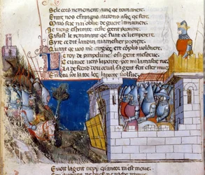Canto de gesto: um exército prende para atacar o exército inimigo refugiado em um castelo e protegido pela ponte levadiça. Miniatura do manuscrito franco-italiano "Entree d