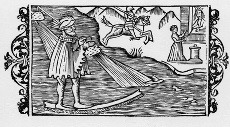Feiticeiro atravessando o mar através de uma sortilha - in "Historia de Gentibus Septentrionalibus" de Olaus Magnus, Roma 1555.