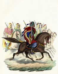 Spahis, um corpo de cavalaria indígena do exército francês de África, composto principalmente de cavaleiros árabes, formado para as províncias de Argel em 1834, Bone em 1835 e Oran em 1836. Em "Storia d