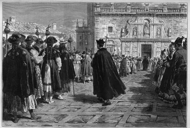 Espanha 1880: as festas de Santiago de Compostela (Santiago de Compostela), a procissão dos pelerins na entrada da Basílica.
