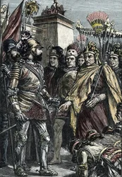 Conquista espanhola do México: encontro entre Hernan Cortes e Montezuma II em 1519