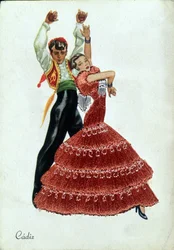 Dançarinos espanhóis de flamenco com roupas tradicionais.