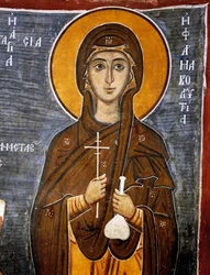 Santa Anastasia, curandeira de cavalos com garrafa de remédios e cruz, igreja bizantina de Nossa Senhora de Asinou (século 12) (Lista do Patrimônio Mundial da Unesco, 2001), montanhas Troodos, Chipre, Detalhe