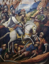 São Tiago a cavalo matando mouros, pormenor do Paravento della conquista (Biombo da conquista), de um artista desconhecido do século XVII, 213x550 cm, México