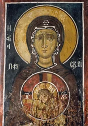São Paraskevi, personificação da Sexta-feira Santa ícone do Cristo da Suprema Humildade, fresco (1332-1333), igreja bizantina de Nossa Senhora de Asinou (século XII) (Lista do Património Mundial da Unesco, 2001) Montanhas de Troodos, Chipre
