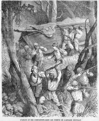 Stanley em África - A expedição de Stanley à África Central 1874-1877: Marchando pela selva - Corte de madeira depois de um desenho de Horace Castelli (1825-1889).