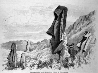 Estátuas colocadas na encosta do vulcão de Ronoraraka na Ilha de Páscoa (Rapa Nui). Gravura de 1871.