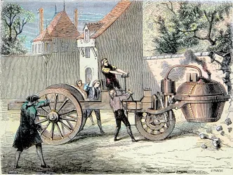 Veículo a vapor inventado por Nicolas Joseph Cugnot (1725-1804), que em 1770 perde o controlo e derruba parte de um muro - primeiro «acidente de automóvel» registado - em «Album de la Science; cientistas ilustres; Grandes Descobertas», 1896