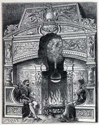 Vapor e calor solar: Lareira Eolipyl, vapor e sistema de máquinas de reacção originalmente concebidos por Heron of Alexandria (80 BC). Gravura em "La Nature".