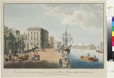 Jardim de Verão e Casa de De Ribas no Rio Neva - Anónimo. Gravura, aguarela