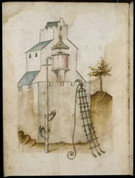 Sistemas para escalar paredes - Manuscrito: folha de pergaminho de um manual de engenharia para a construção de edifícios civis, religiosos e militares, anónimo, final do século XV (figura em tinta chinesa)