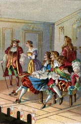 O TEATRO AO LONGO DOS TEMPOS: Um espetáculo sob Luís XIV. Os espectadores de marca assistiam ao espetáculo no palco, junto dos actores.