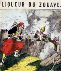 Tag "Liqueur du Zouave": um Zouave lutando contra inimigos. sd. século XIX