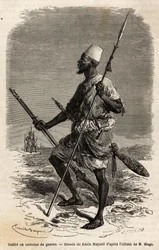 Talibe (um jovem estudante do exército do Rei Ahmadu (Toucouleur) que estuda o Alcorão), de fato de guerra. Gravura para ilustrar a viagem ao Sudão Ocidental do Tenente (Marinha) M.Mage, em 1863-1866, publicada no "Le tour du monde, nouveau journal des voy
