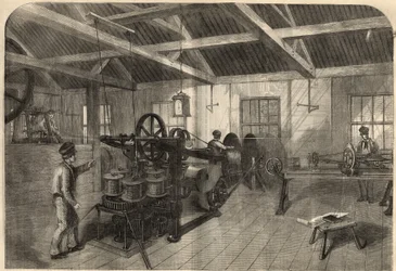 Telegrafia: fabricação de cabos transatlânticos na fábrica Glass, Elliot and Company em East Greenwich (Inglaterra). Gravação em "The Illustrated London News" de 14 de março