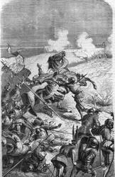 O veterano John Talot, de 75 anos, foi recortado para liderar uma expedição de 3.000 homens, a qual foi debarqueada em Guyenne no dia 17 de outubro de 1452. Gravura representando a morte de Talbot em batalha. Gravura do século XIX.
