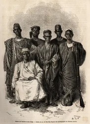 A escolta africana de Mage, tenente na nave, enviada em missão ao Níger. Gravura para ilustrar a história da viagem do Tenente Mage no Sudão Ocidental entre 1863 e 1866, publicada na "Le tour du monde, nouveau journal des voyages", editada por E