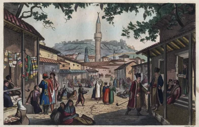 O mercado-bazar de Atenas no início do século XIX - gravura de «Usi e Costumi di Tutti i Popoli dell