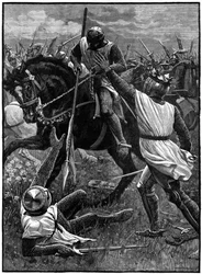 A Batalha de Evesham, 4 de agosto de 1265. (c1800). Evesham marcou o fim da Segunda Guerra dos Barões. As forças monárquicas lideradas pelo Príncipe Eduardo (Eduardo I) derrotaram Simão de Montfort (c1208-1265), que foi morto na batalha. Aqui, Henrique III