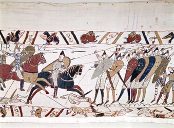 A Batalha de Hastings, ganha por Guilherme I o Conquistador (1027 - 1087) em 14/10/1066 e durante a qual morreu o Rei Harold II da Inglaterra (1022 - 1066). A tapeçaria Bayeux, conhecida como Bordado da Rainha Mathilde