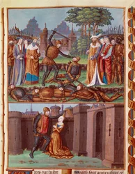A Batalha de Cavalos e Curiacianos Os Três Cavalos de Roma encontram os Três Curiáceos. Diferentes cenas de combate. Horace, um dos três irmãos Horácio (os três Cavalos), romanos, desenhado para enfrentar os três Curiáceos, da cidade de Alba, no século VII