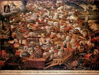 A Batalha de Lepante, ao largo da costa da Grécia, opôs-se a uma força espanhola, veneziana e papal aos otomanos em 1571. Pintura anónima. Século XVI. Veneza Museo Correr