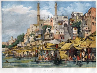 O Benares ghat na Índia (actualmente Vanarasi) (ghat que designa as escadas que cobrem as margens dos rios e as margens das bacias e reservatórios que permitem descer em contacto com a água). Gravura a partir de 1857.