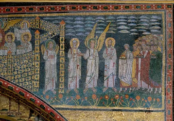 O bendito chumbo de um anjo: Detalhe do arco triunfal com a Jerusalém Celestial. Mosaico, 9º C. S. Prassede, Roma, Itália - A Visão de Jerusalém Celestial - o eleito, apresentado a São Pedro e São Paulo por um anjo, avança para os portões.