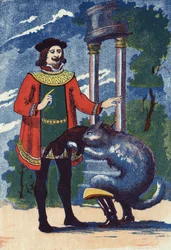 O Boot Cat oferece um coelho ao rei. Ilustração para "Le chat Botte", conto de Charles Perrault (1628-1703), escritor francês. Ilustração anônima. Imagery Marcel Vagne, Jarville Nancy, sem data (final do século XIX).