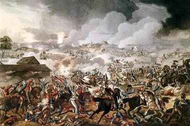 O exército britânico comandado pelo Duque de Wellington (1769 - 1852) venceu a Batalha de Waterloo contra as tropas francesas de Napoleão I em 18/06/1815. Gravura do período.