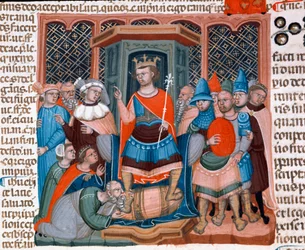 O Imperador Justiniano I de Bizâncio (482-565) rodeia juristas e soldados de sua corte miniatura extraída do Código Justiniano (Codex Justinianus), uma coleção de leis e instituições publicadas sob o Imperador Romano Justiniano I de Bizâncio (483-565)